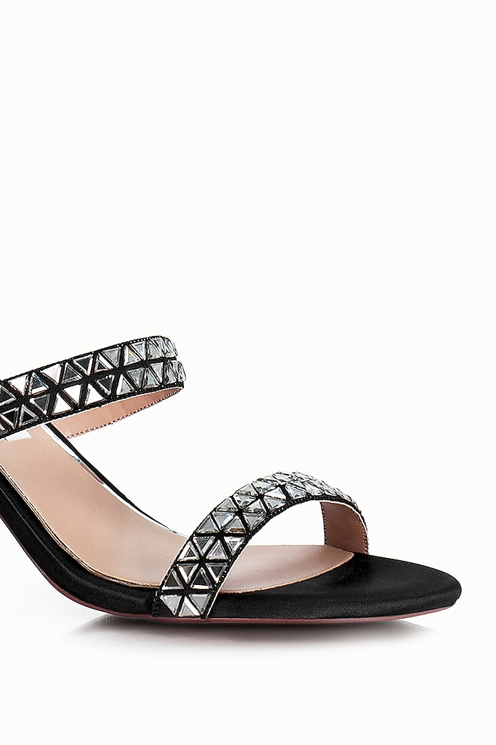 Black Satin Embellished Sandals by Riya Jaisinghani at Pernia's Pop Up Shop