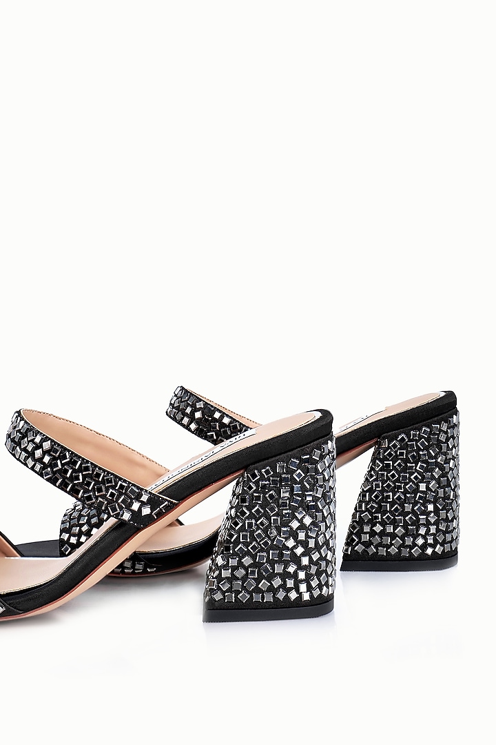 Black Satin Embellished Sandals by Riya Jaisinghani at Pernia's Pop Up Shop