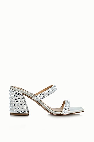 Silver Satin Embellished Sandals by Riya Jaisinghani