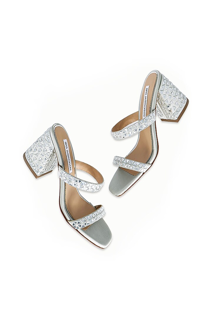 Silver Satin Embellished Sandals by Riya Jaisinghani at Pernia's Pop Up Shop