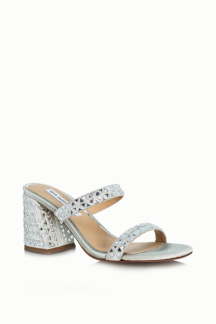 Silver Satin Embellished Sandals by Riya Jaisinghani at Pernia's Pop Up Shop