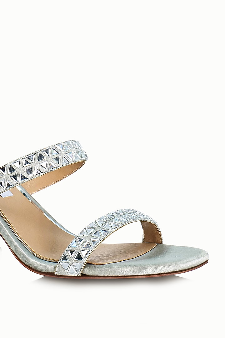 Silver Satin Embellished Sandals by Riya Jaisinghani at Pernia's Pop Up Shop