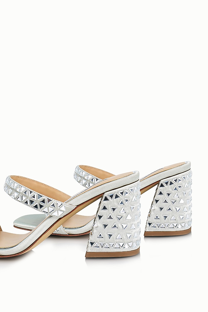 Silver Satin Embellished Sandals by Riya Jaisinghani at Pernia's Pop Up Shop