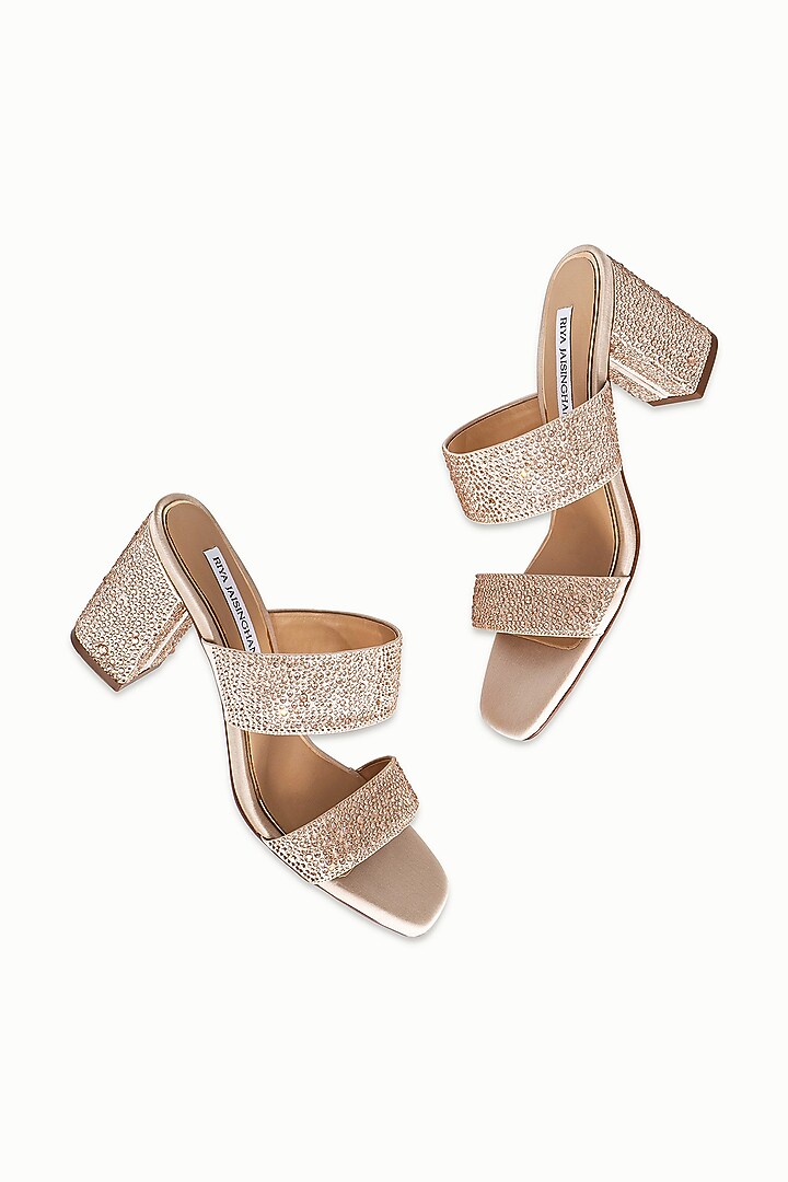 Nude Satin Embellished Sandals by Riya Jaisinghani at Pernia's Pop Up Shop