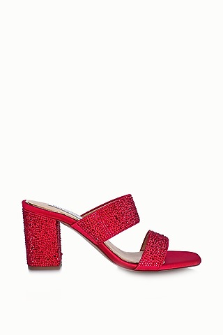 Red Satin Embellished Sandals by Riya Jaisinghani