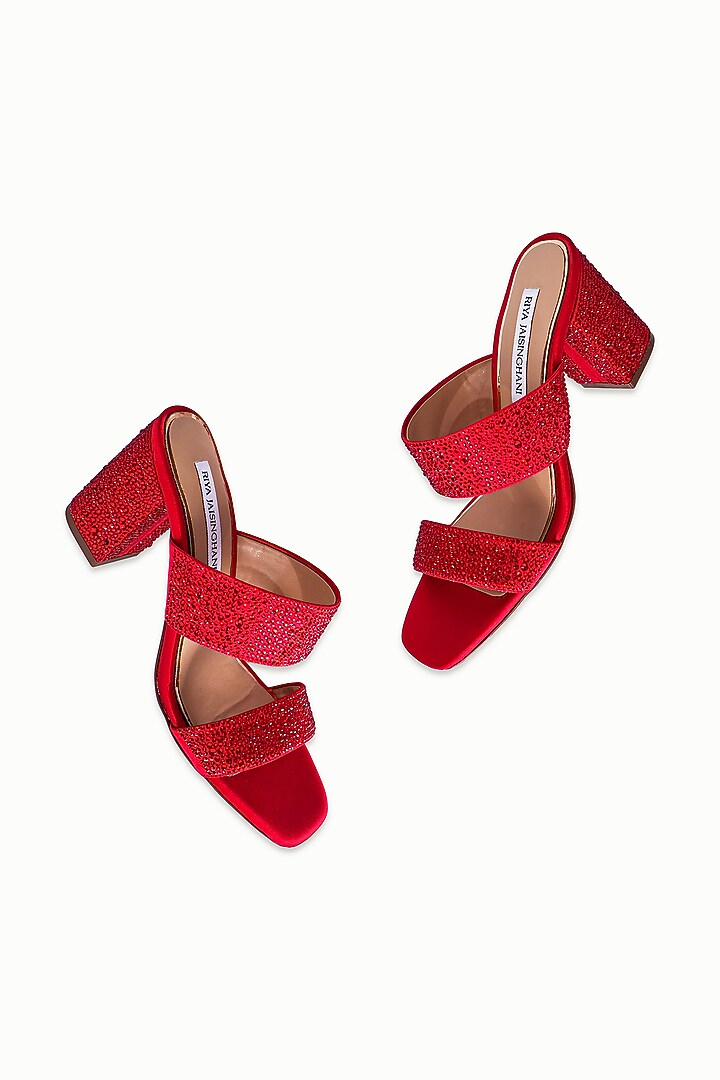 Red Satin Embellished Sandals by Riya Jaisinghani at Pernia's Pop Up Shop