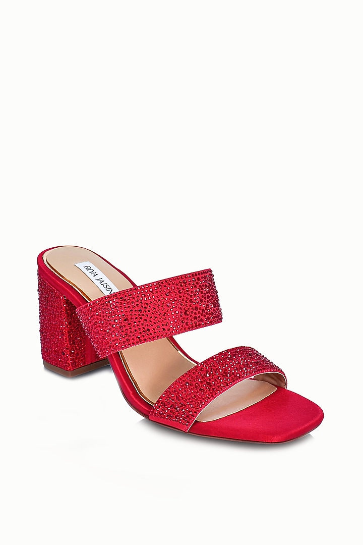 Red Satin Embellished Sandals by Riya Jaisinghani at Pernia's Pop Up Shop