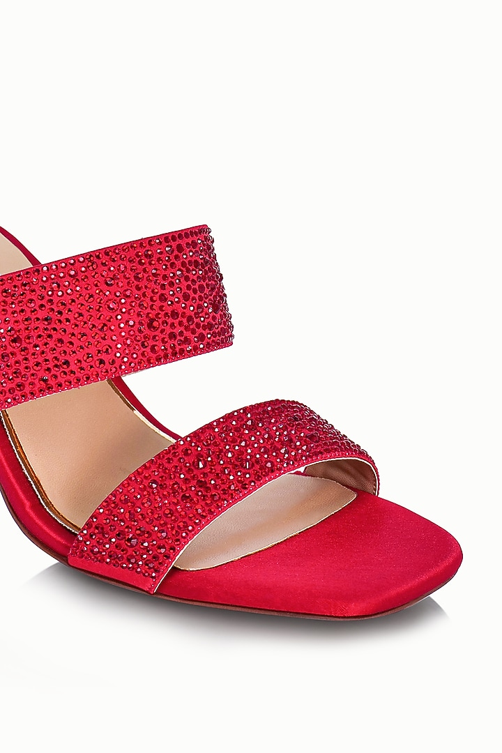 Red Satin Embellished Sandals by Riya Jaisinghani at Pernia's Pop Up Shop