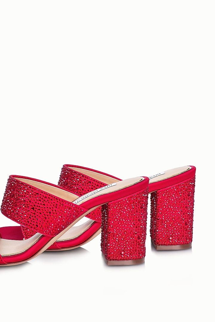 Red Satin Embellished Sandals by Riya Jaisinghani at Pernia's Pop Up Shop