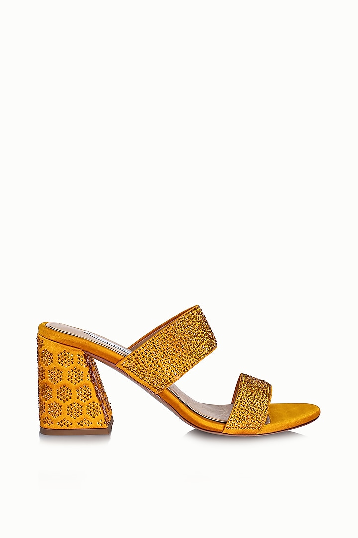 Yellow Satin Embellished Sandals by Riya Jaisinghani