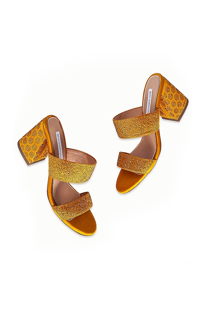 Yellow Satin Embellished Sandals by Riya Jaisinghani at Pernia's Pop Up Shop