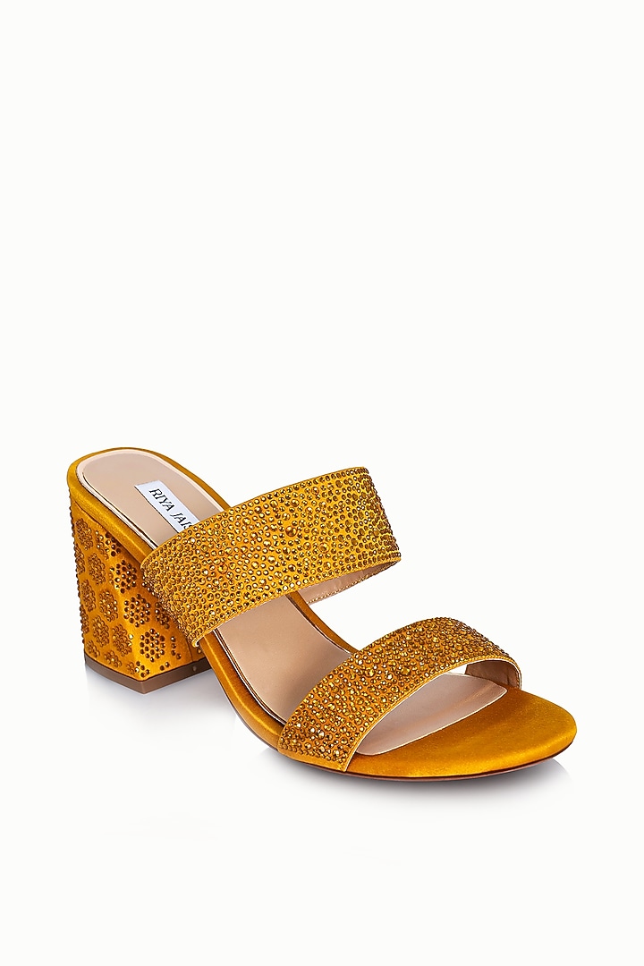 Yellow Satin Embellished Sandals by Riya Jaisinghani at Pernia's Pop Up Shop