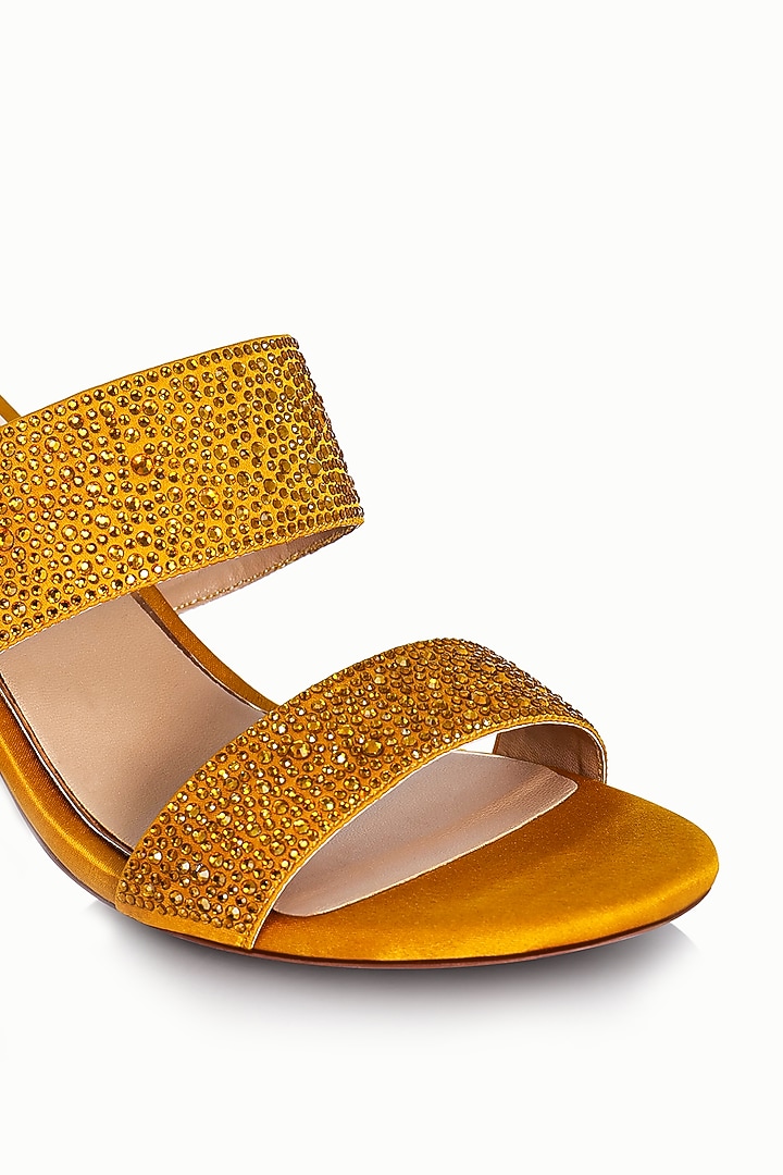 Yellow Satin Embellished Sandals by Riya Jaisinghani at Pernia's Pop Up Shop