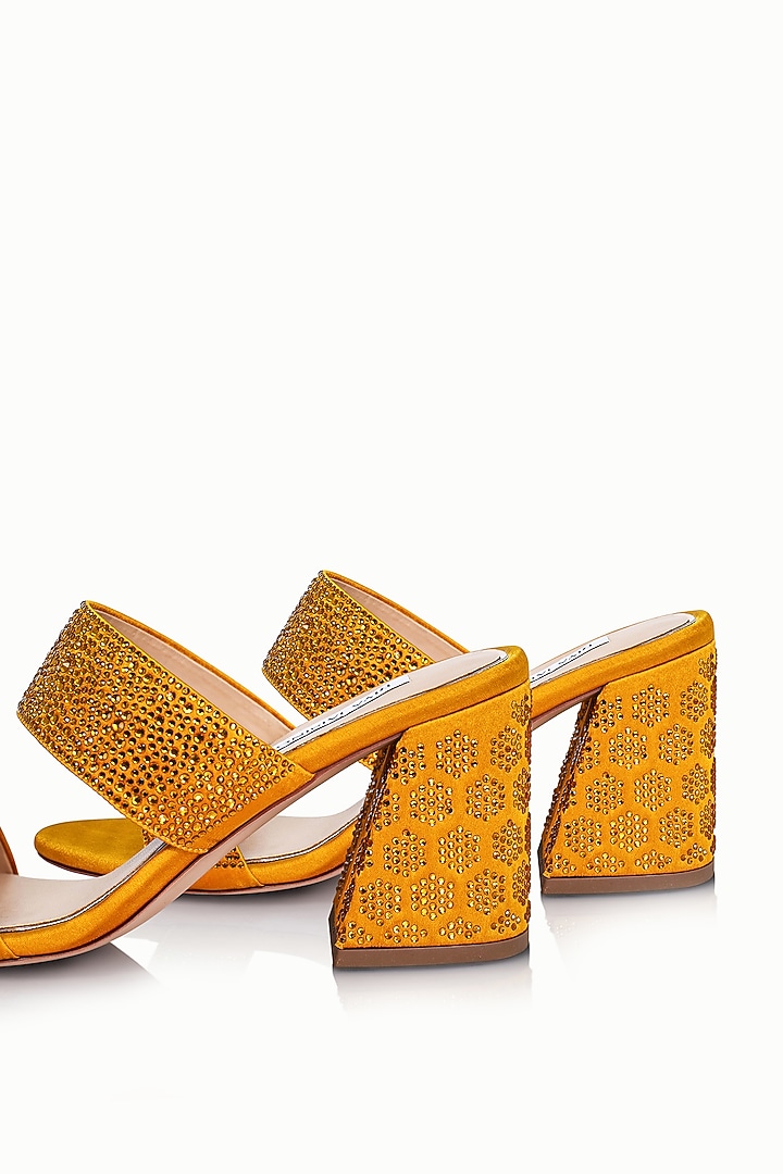Yellow Satin Embellished Sandals by Riya Jaisinghani at Pernia's Pop Up Shop