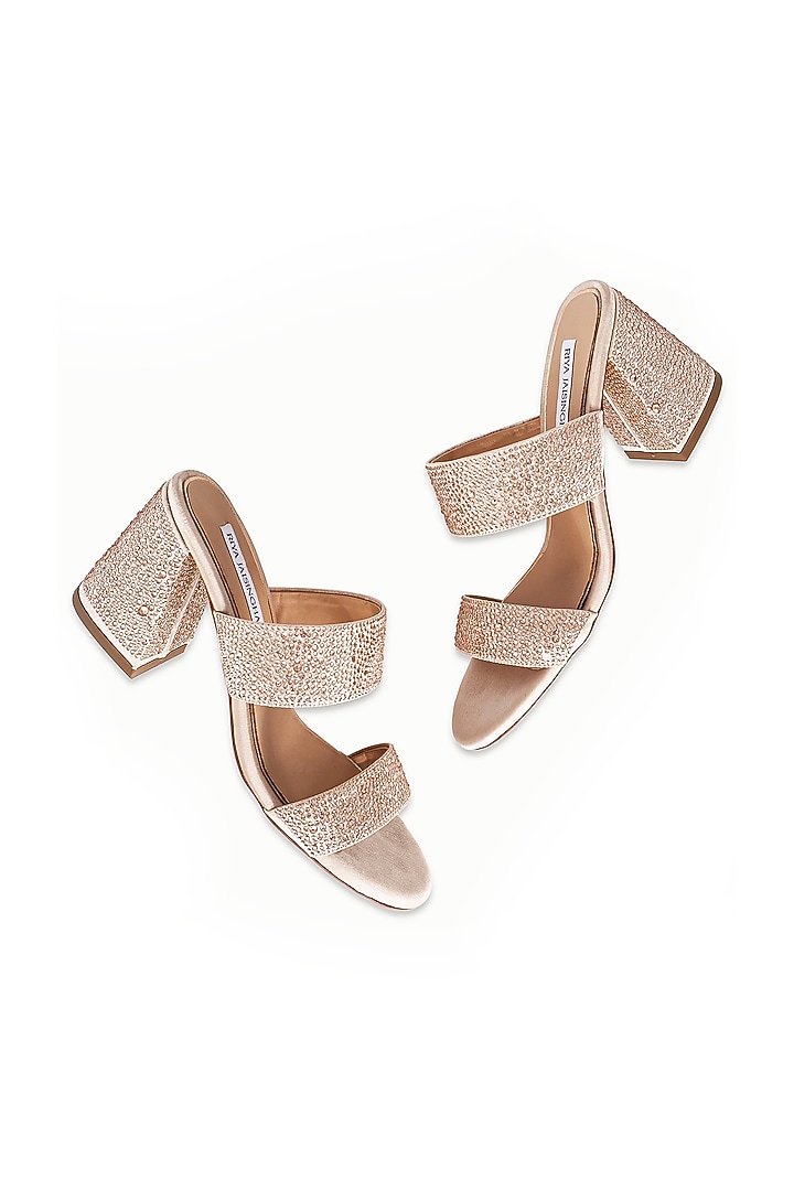 Nude Satin Embellished Sandals by Riya Jaisinghani at Pernia's Pop Up Shop