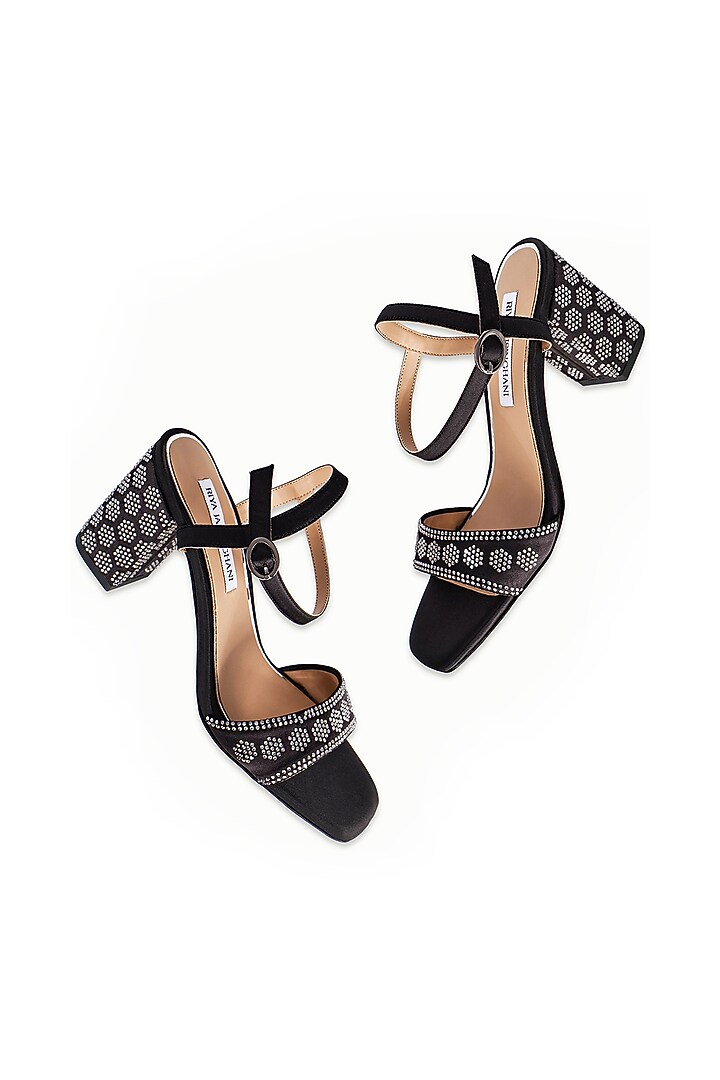 Black Satin Embellished Sandals by Riya Jaisinghani at Pernia's Pop Up Shop