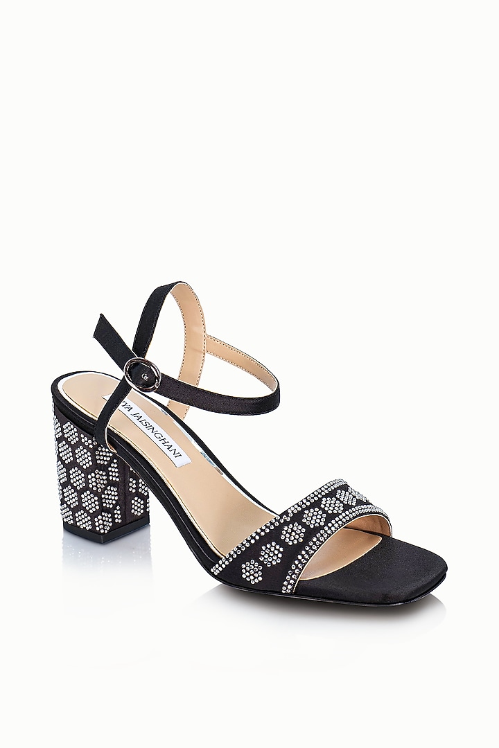 Black Satin Embellished Sandals by Riya Jaisinghani at Pernia's Pop Up Shop