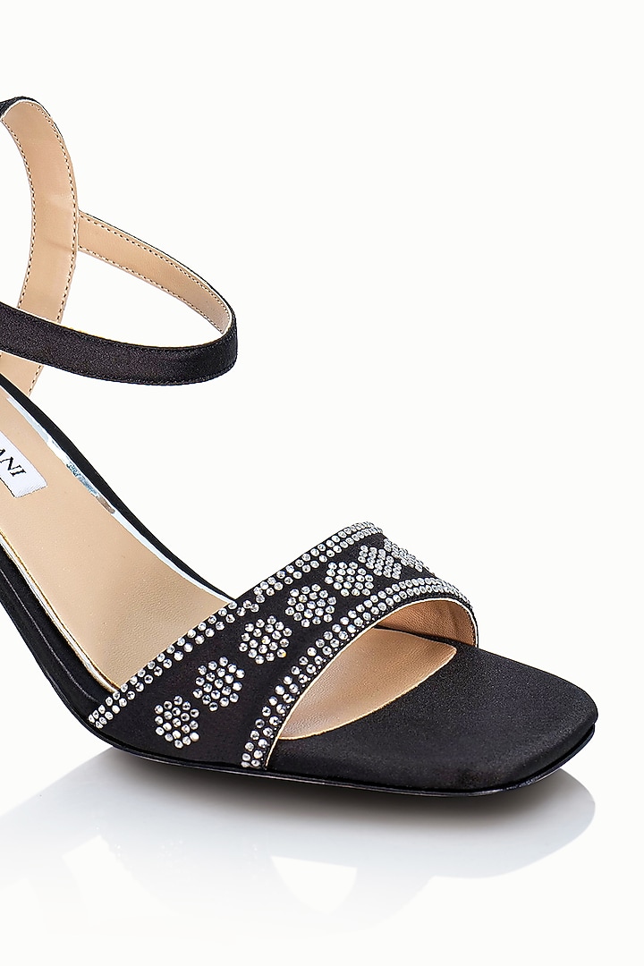 Black Satin Embellished Sandals by Riya Jaisinghani at Pernia's Pop Up Shop