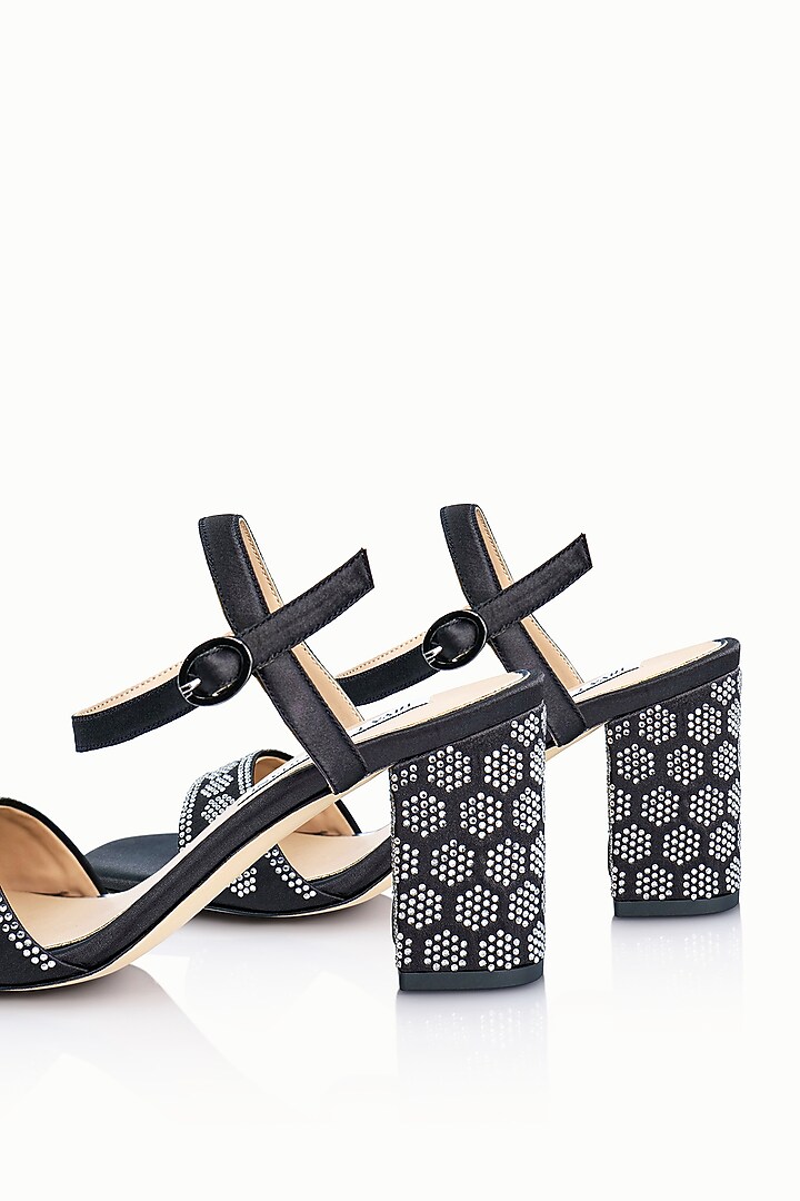 Black Satin Embellished Sandals by Riya Jaisinghani at Pernia's Pop Up Shop