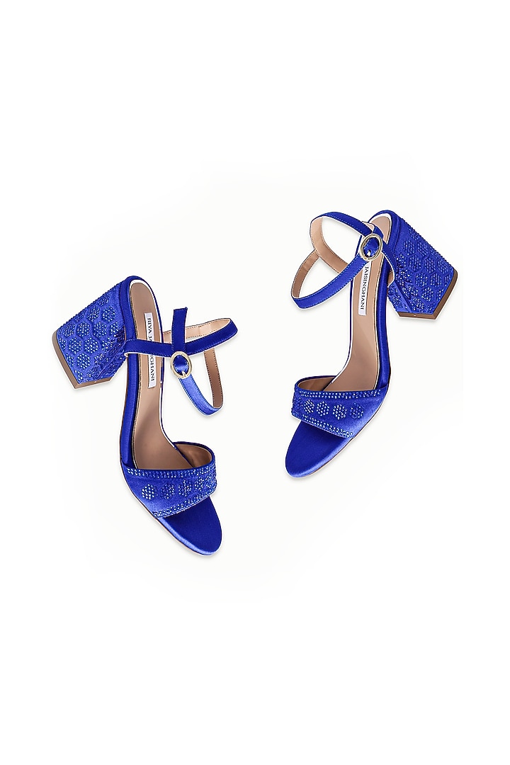 Blue Satin Embellished Sandals by Riya Jaisinghani at Pernia's Pop Up Shop
