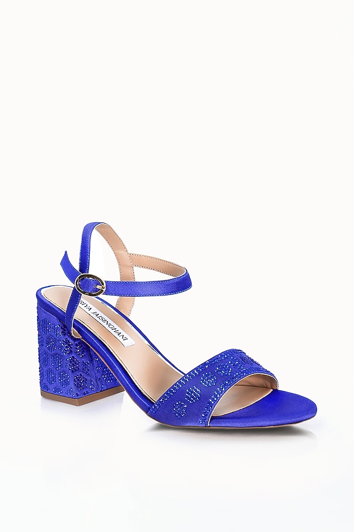 Blue Satin Embellished Sandals by Riya Jaisinghani at Pernia's Pop Up Shop