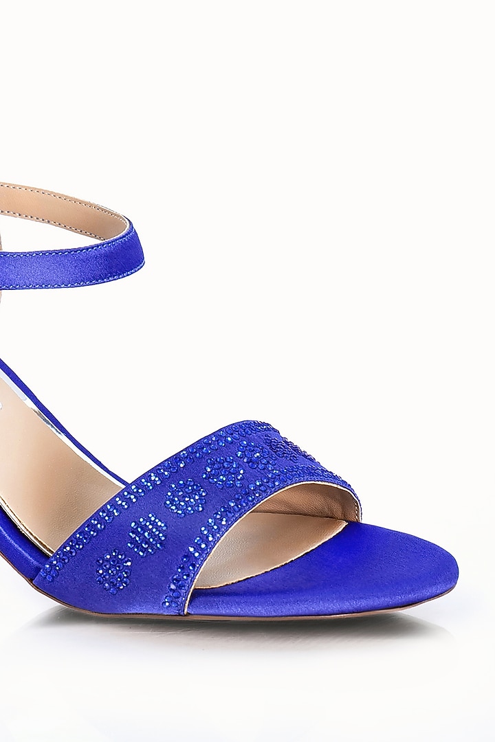 Blue Satin Embellished Sandals by Riya Jaisinghani at Pernia's Pop Up Shop
