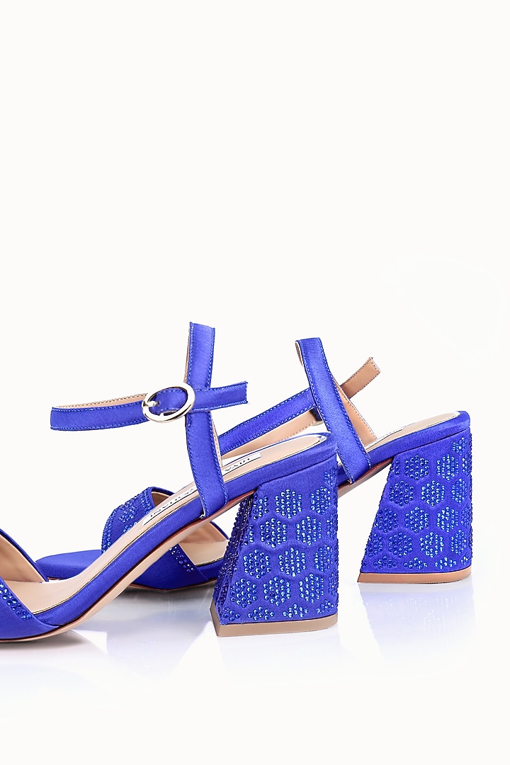 Blue Satin Embellished Sandals by Riya Jaisinghani at Pernia's Pop Up Shop