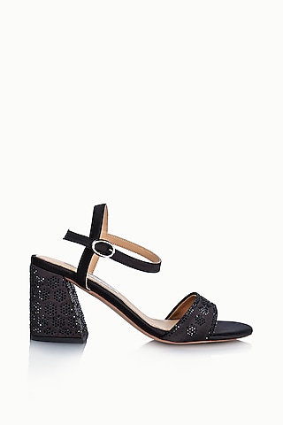 Black Satin Embellished Sandals by Riya Jaisinghani