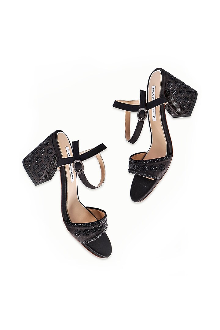 Black Satin Embellished Sandals by Riya Jaisinghani at Pernia's Pop Up Shop
