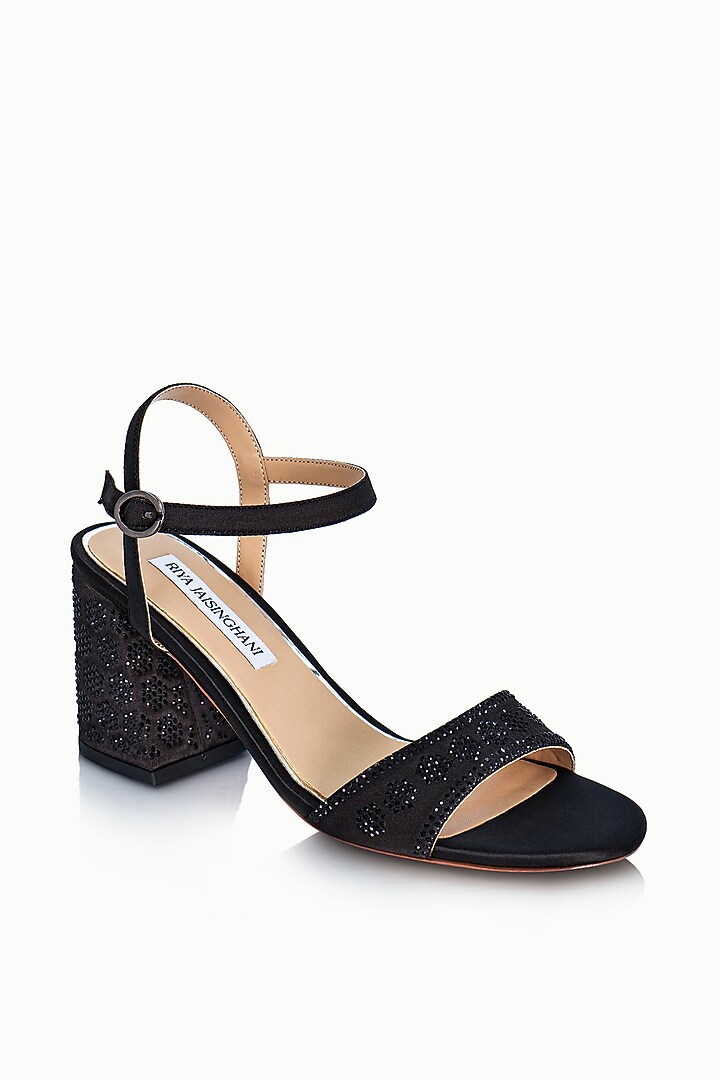 Black Satin Embellished Sandals by Riya Jaisinghani at Pernia's Pop Up Shop