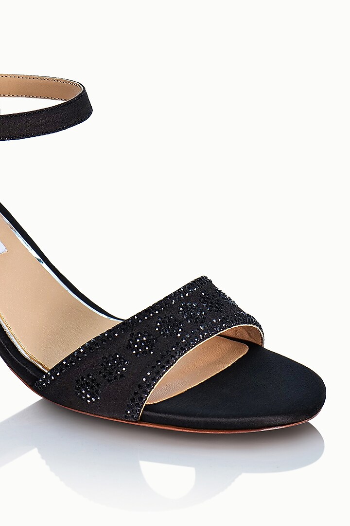 Black Satin Embellished Sandals by Riya Jaisinghani at Pernia's Pop Up Shop