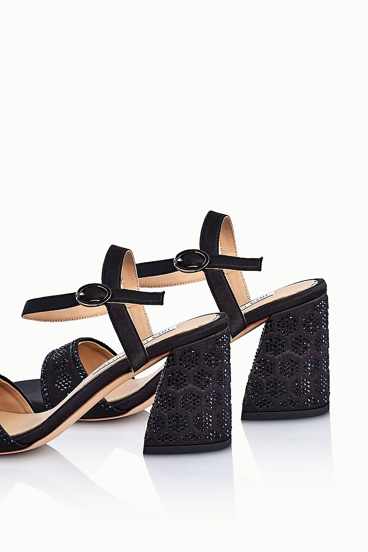 Black Satin Embellished Sandals by Riya Jaisinghani at Pernia's Pop Up Shop