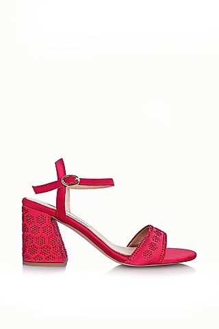 Red Satin Embellished Sandals by Riya Jaisinghani