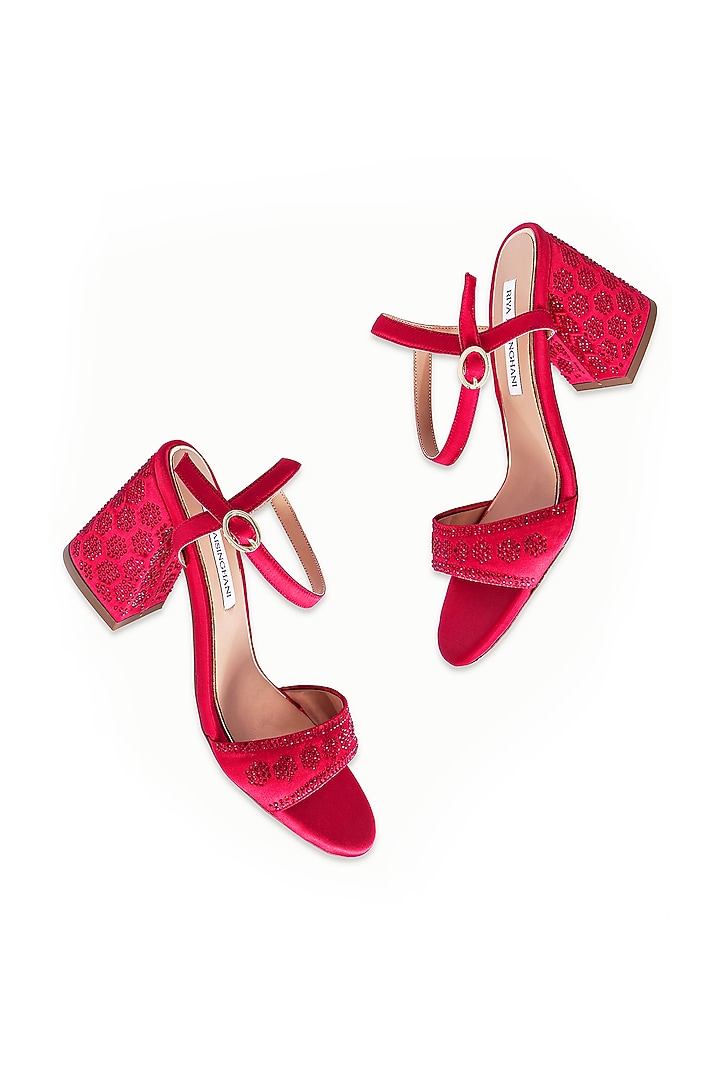 Red Satin Embellished Sandals by Riya Jaisinghani at Pernia's Pop Up Shop