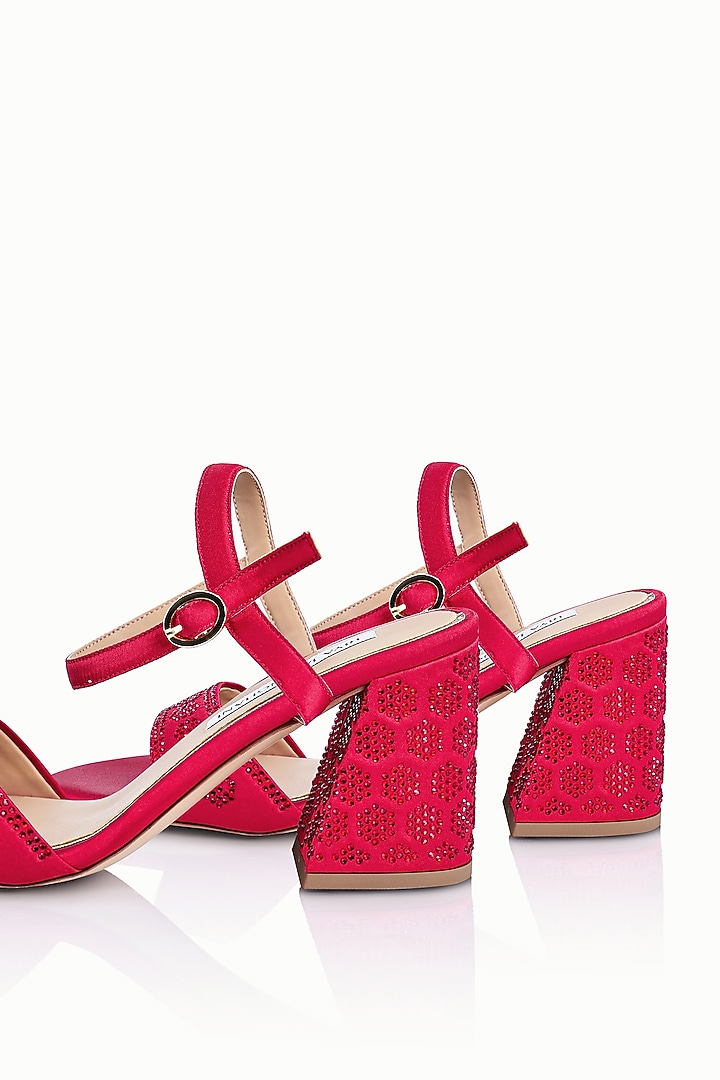 Red Satin Embellished Sandals by Riya Jaisinghani at Pernia's Pop Up Shop