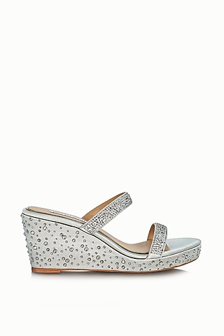 Silver Satin Embellished Wedges by Riya Jaisinghani