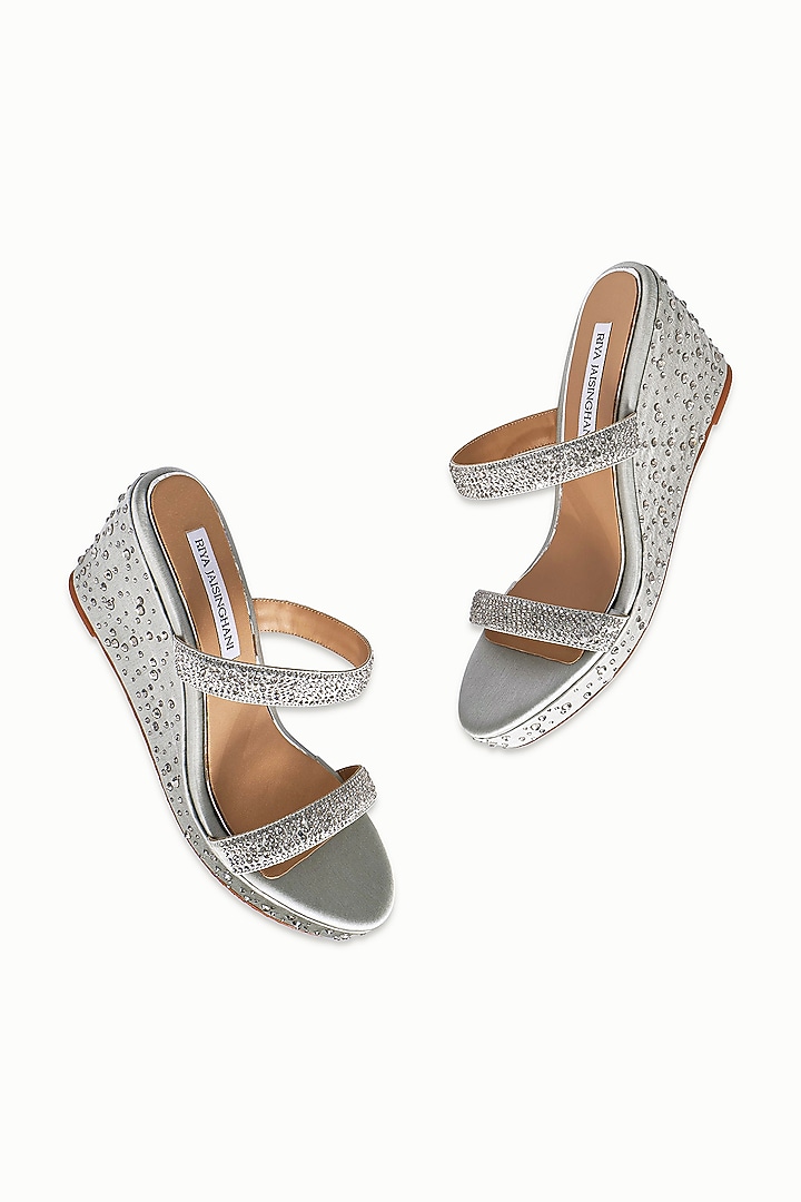 Silver Satin Embellished Wedges by Riya Jaisinghani at Pernia's Pop Up Shop