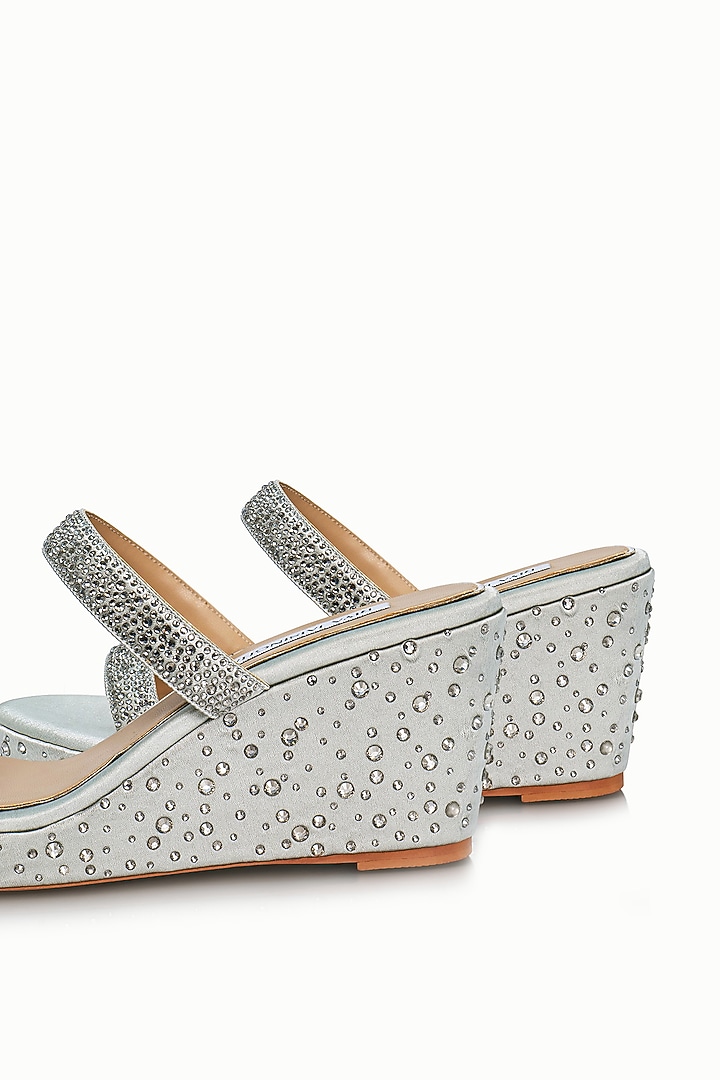 Silver Satin Embellished Wedges by Riya Jaisinghani at Pernia's Pop Up Shop