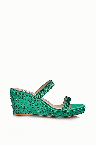Green Satin Embellished Wedges by Riya Jaisinghani