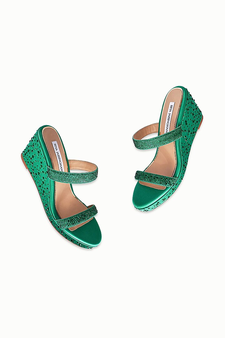 Green Satin Embellished Wedges by Riya Jaisinghani at Pernia's Pop Up Shop