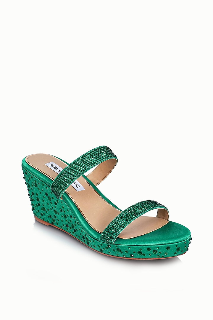 Green Satin Embellished Wedges by Riya Jaisinghani at Pernia's Pop Up Shop