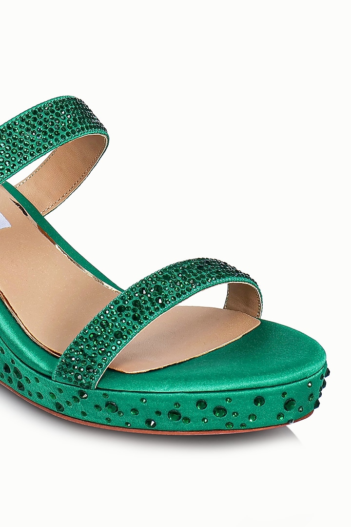 Green Satin Embellished Wedges by Riya Jaisinghani at Pernia's Pop Up Shop