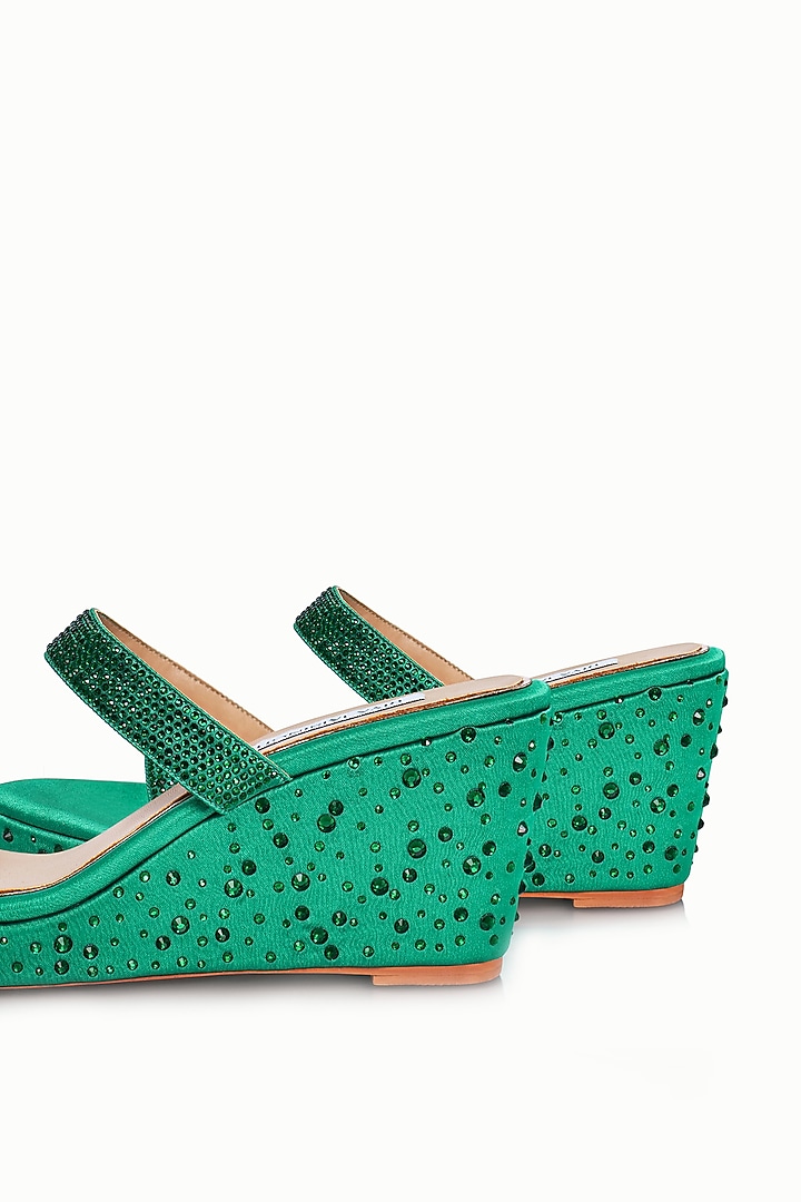 Green Satin Embellished Wedges by Riya Jaisinghani at Pernia's Pop Up Shop