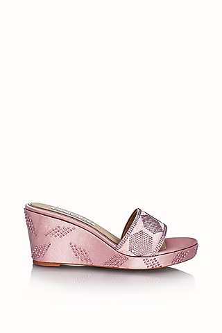 Pink Satin Embellished Wedges by Riya Jaisinghani