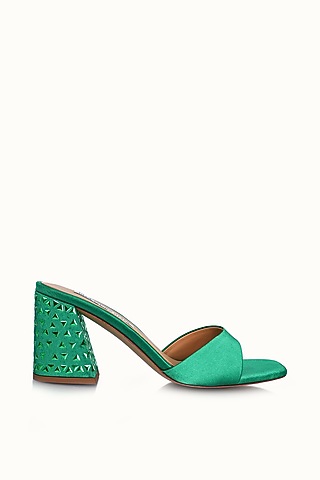 Green Satin Embellished Sandals by Riya Jaisinghani