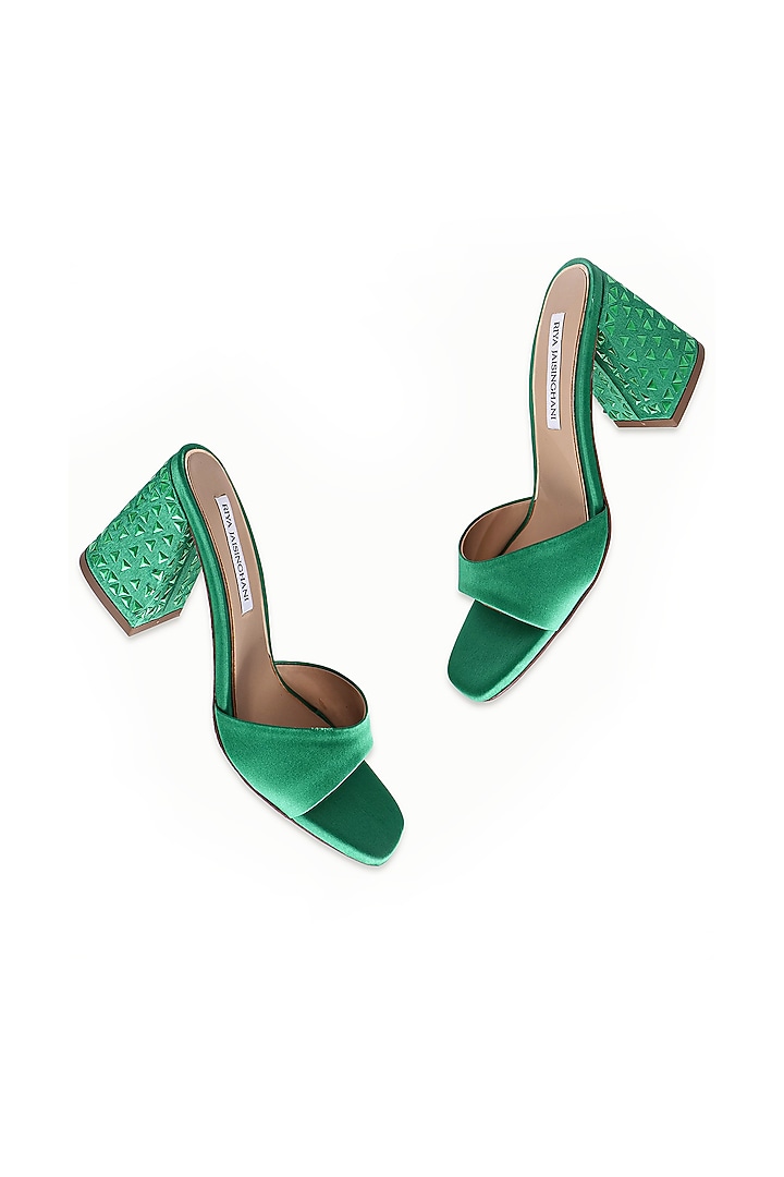 Green Satin Embellished Sandals by Riya Jaisinghani at Pernia's Pop Up Shop