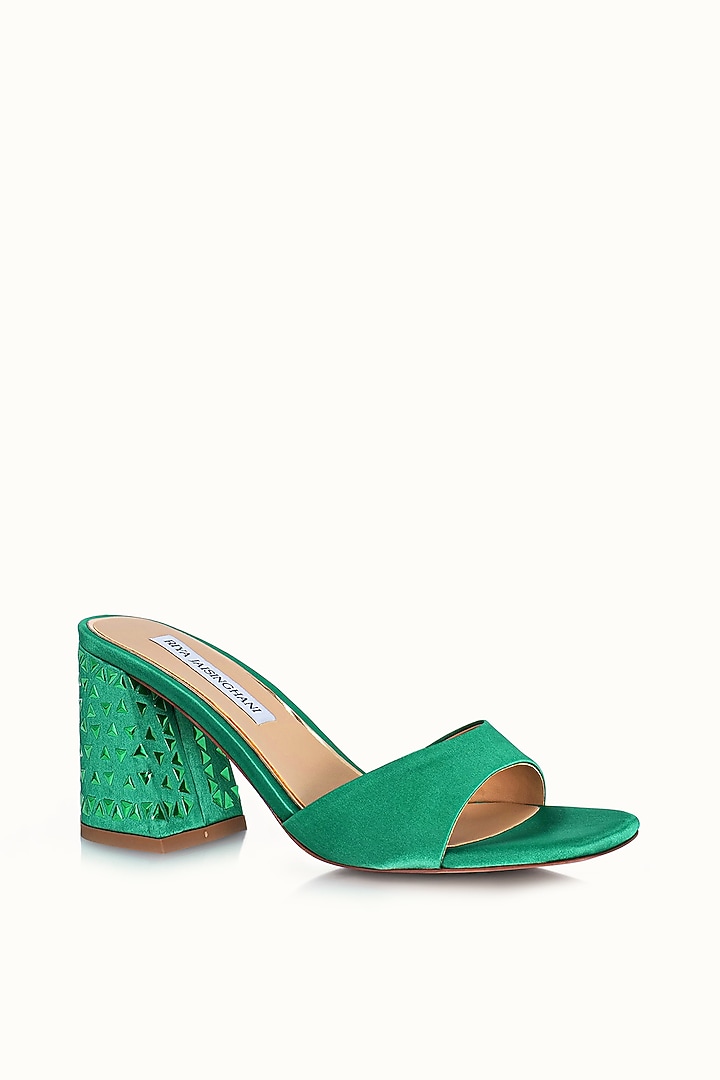 Green Satin Embellished Sandals by Riya Jaisinghani at Pernia's Pop Up Shop