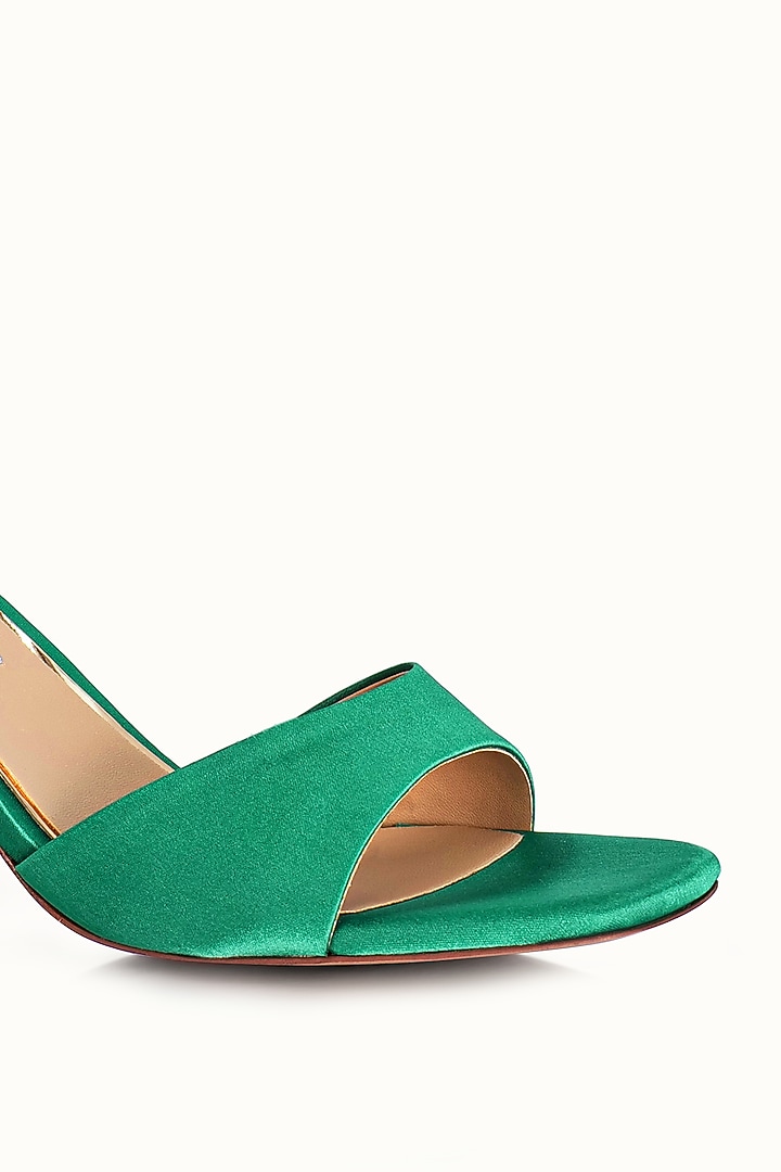 Green Satin Embellished Sandals by Riya Jaisinghani at Pernia's Pop Up Shop