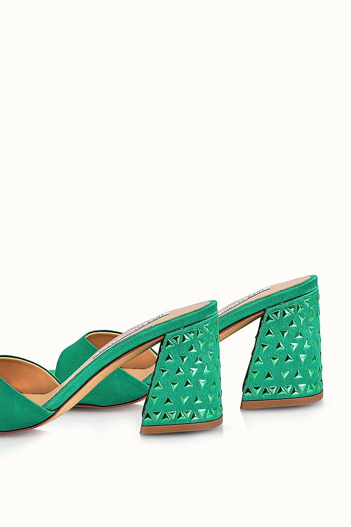 Green Satin Embellished Sandals by Riya Jaisinghani at Pernia's Pop Up Shop