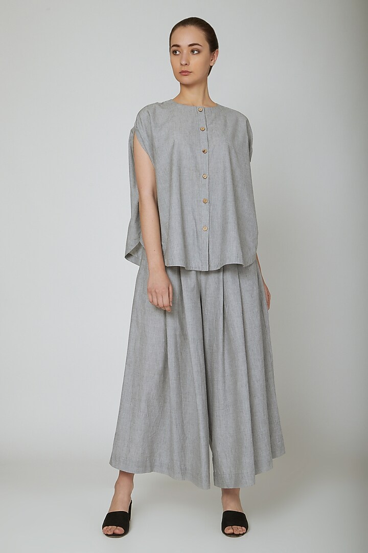 Grey Circular Cut Shirt With Buttons by Ritesh Kumar at Pernia's Pop Up Shop